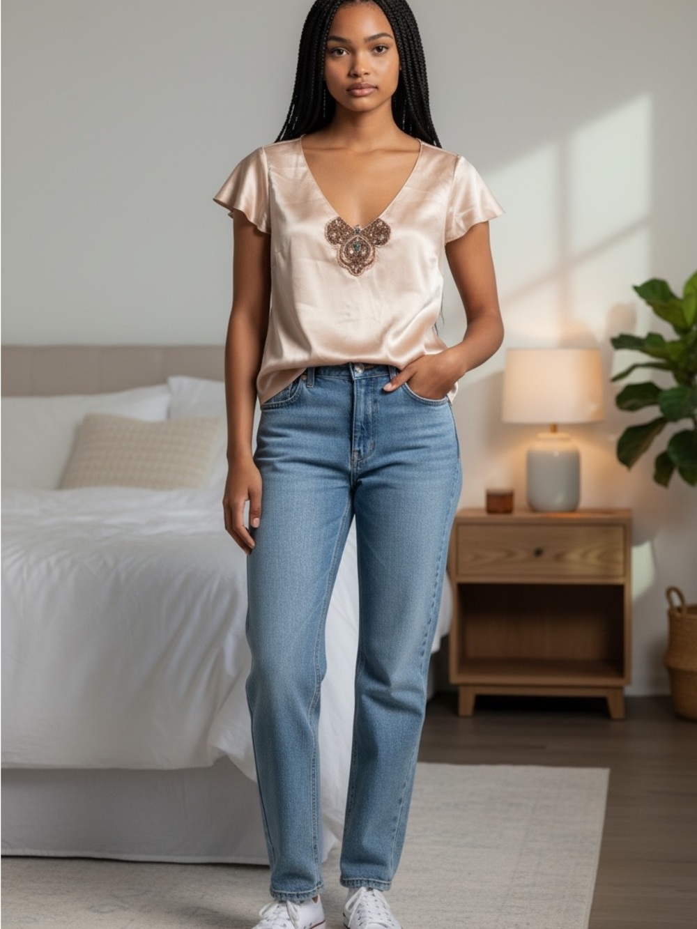 Dana Buchman Champagne Satin V-Neck Beaded Blouse